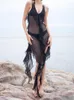 Vestidos casuales CHRONSTYLE Sexy Women Mesh See Through Vestido largo Bikini Cover Ups Ropa de playa Halter Backless Ruffles Borlas Irregular Hem