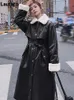 女性用ジャケットラウタロ冬の長い暖かい濃厚な革のトレンチコートフェイクファーの内側のベルトのゆるい韓国のファッション毛皮並んでいるパーカー231123