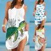 Casual jurken boho turtle print mini jurk zomer losse vierkante kraag mouwloos strand zonsondergen heen dame kantoor vestido traje de mujer