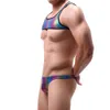 Conjunto de meia regata masculina sexy com tanga, 2 peças, lingerie exótica de arco-íris brilhante, couro sintético pu, fantasia de fetiches, palco, clube, roupa de dormir