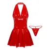 Robes décontractées Femmes en cuir plissé mini robe sexy sans manches dos nu cocktail fête a-ligne latex maigre clubwear costumes