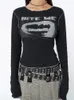 T-shirt Femme Femmes T-shirt Y2K Black Rib Crop Top à manches longues Slim Skull Grunge Tees Mode coréenne Gothic Graphic Streetwear Vintage Vêtements 230422