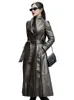 Женские куртки Nerazzurri, осенние длинные коричневые, черные мягкие плащи из искусственной кожи для женщин, элегантный роскошный модный плащ с поясом, 5xl 6xl 7xl 231123