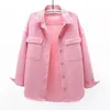 Women's Blouses Long Sleeve Denim Shirts Women Pink White Curved Hem Fashion 2023 Trend Loose Coat Autumn Tops Korean Stylish Big Pocket