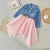 Flickklänningar Suefunskry Kids Girls Tulle denim Patchwork Dress Långärmad lapel-knapp Oregelbunden hem A-Line 3-7 år