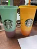 24OZ/710ml mug drum reusable color changing beverage flat bottomed cup with cylindrical lid, straw cup, Starbucks color changing plastic cup, 5 pieces