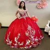 Rote, glänzende, schulterfreie Quinceanera-Kleider mit Spitzenapplikationen, Schnürkorsett, Abschlussball, Sweet 16, Vestido De 15 Anos