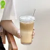 New Simple Vertical Striped Glass With Lid Straw Cup High-Value Water Cup Milk Coffee Cup Drink Cup 375ml