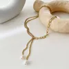 Kedjor Real Pearl Tassel Chain Lariat Halsband för kvinnor Rostfritt stål Y Shape Party Dainty Minimalistiska smycken Elegant