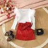 Clothing Sets 3-7Y Baby Girls Autumn Outfits Kids Feather Long Sleeve Ribbed Tops PU Leather Skirt With Belt Children Fashion Clothes