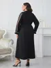 Plus -klänningar Moslem Casual Dress Woman 2023 Autumn V Neck Short Sleeve Party Maxi Long Solid Black Curvy Clothing