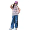 衣料品セット女の子の服ファッションカジュアルサマーレタープリントストライプTシャツブルーリッピングジーンズ2pcsストリートウェア衣装4-14 y