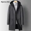 Män blandar Coat Winter Overcoat Trench Luxury Long Jacket med huva Casual Elegant Thicken Ytterkläder Ull Vindbrytare 231123