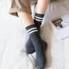 Women Socks Harajuku Retro Wine Red Crew Cotton Knitting Striped Long Stripe Japanese High School Girls Cute Loose Fashion