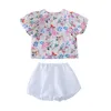 Kledingsets Tweede stuk set zomermeisjes modeKids kleding bloemen puff pieiermouwt top lantaarn shorts baby 2pcs 2-7y