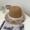 Wide Brim Hats 2023 Korean Lace Pearl Straw Hat Women's Summer Seaside Sunshade Bucket Hand-woven Sweet Foldable Fashion Sun Cap