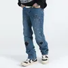 メンズジーンズの破壊刺繍ビンテージデニムメンハラジュクストリートウェアストレートパンツ2023デザイナー用R69