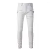 Jeans para hombre Beige High Street Fashion Slim Fit Costillas desgastadas Parches Cremalleras Bolsillos Bikers Skinny Stretch Ripped Pant para hombres