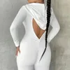 Women's Two Piece Pants Women Long Sleeve Bodysuit Solid Backless One Hooded Outfit Slim Scoop Neck Romper Sexy Bodycon Jumpsuit Party