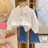 Clothing Sets 2023 Girls Apring Autumn Two Piece Short Jeans Flower Embroidery Lovely Outdoor Fashion All-match Vacation