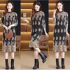 Luxury Designer Retro Floral Knitted Dresses 2023 Women Runway Long Sleeve Jacquard Sweaters Dress Fall Office Elegant Woman Clothes Holiday Party Midi Frocks