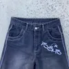 Women's Jeans graffiti print retro high waist wide leg jean's street straight loose casual mopping denim trouser ins 230422