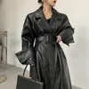 Women's Jackets Lautaro Long oversized leather trench coat for women long sleeve lapel loose fit Fall Stylish black women clothing streetwear 231123