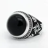 Cluster Rings Men Sterling Silver 925 Islamic Muslim With Black Onyx Stone Male Ring Vintage Swirl Design Turkish Handmade Jewelry Gift