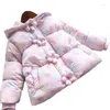 Abrigo de plumón para niña, chaqueta con capucha de algodón, botones florales, resistente al frío, moda de invierno, cárdigan para niños, prendas de vestir cálidas
