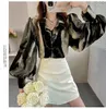 Women's Blouses Summer Fashion Polo Neck Tie Dyed Button Lantern Sleeve Front Short Back Long Cardigan Casual Loose Commuter Shirt