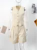 Cotton Linen Beige Vest Suits Women Sleeveless Tank Tops Wide Leg Shorts Piece Set Casual Office Lady Button Blazer Outfits