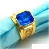 Anelli a fascia Moda retrò Oro Drago Totem Acciaio inossidabile per uomo Strass blu di taglia 7 8 9 10 11 12 Anello gioielli con consegna a goccia Dhsgh