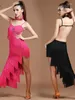 Stage Draag Latin Dance Vrouwen Salsa Samba kleding Rhinestone Sling Backless Dress Dress Sexy Competition Tassel Long