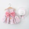 Meisje jurken kleine kinderen mode zomerkleding set peuter schattige boog bloemen strand kleding baby mouwloze prinses jurk sunhat