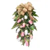 Decorative Flowers Tulip Wreath 22 Inches Pink Flower Front Door Decorations Burlap Bow Decor Handmade Floral