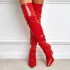 Bottes Automne hiver Sexy bout pointu rouge cuisse haute sur les bottes au genou femmes fête discothèque strip-teaseuse talons Zip moto chaussure 231122