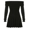 Casual Dresses Elegant Women Spring Summer Mini Dress Black Long Sleeve Off Shoulder Pleated Hem Party Streetwear Outfits