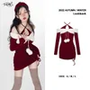 Basic Casual Dresses Sweet Girl Christmas Burgundy Sexy Slim Fit Dress Womens Autumn Strap Short Fashion Wear 231122