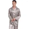 Pijamas masculinos estampados de cetim de seda conjunto verão manga comprida pijama masculino serviço doméstico
