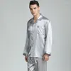 Pijamas masculinos estampados de cetim de seda conjunto verão manga comprida pijama masculino serviço doméstico