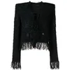 Women's Wool Blends Spring and Autumn Black Shiny Silk Tweed Tassel Edge Pocket Button Decoration Cardigan Women's Coat Top 231123