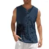 Men's Tank Tops Men Cotton Linen Vest Summer Man Retro Artistic Printing Fashion Sleeveless T-shirt Lace Up V-neck Blouse Casual Shirt