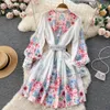 Spring/Summer Vintage Ethnic Style Dress Stand up Neck Single breasted Lantern Sleeves Wrapped Waist Show Thin Print Dress Sweet Pleated Fairy Dress