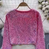 Women's T Shirts Elegant Vintage Glitter Sequin Long Sleeve O Neck Loose Blouse Chic Casual Top Women Korean Fashion Slim Spring Autumn