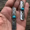 Boucles d'oreilles pendantes ethnique ronde incrustée de pierre bleue bohème boucle d'oreille Vintage couleur argent métal sculpture motif crochet pour les femmes bijoux