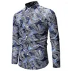 Camicie casual da uomo Camicia elegante con stampa foglie blu Uomo 2023 Marca Slim Fit Manica lunga Hawaiian Mens Button Down Party For Holiday