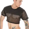 Männer Sexy Porno PU Spitze Mesh Loch T-shirt Ultradünne Tank Weiche Durchbrochene Transparent Top Exotische Dessous Performance Outfit