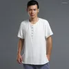 Mäns casual skjortor 2023 Summer Style Chinese Vintage Men t-shirt V-ringning Kort ärm linnetoppar för plusstorlekskläder 5xl