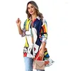 Blusas femininas cardigan lapela manga comprida 2023 outono/inverno moda camisa impressão comprimento médio solto encaixe casual camisas femininas