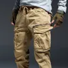 Men's Pants Ankle Length Jogging Pants Men Denim Cotton Pockets Elastic Waist Cargo Pants Men Winter Thick Tactical Pants 230422